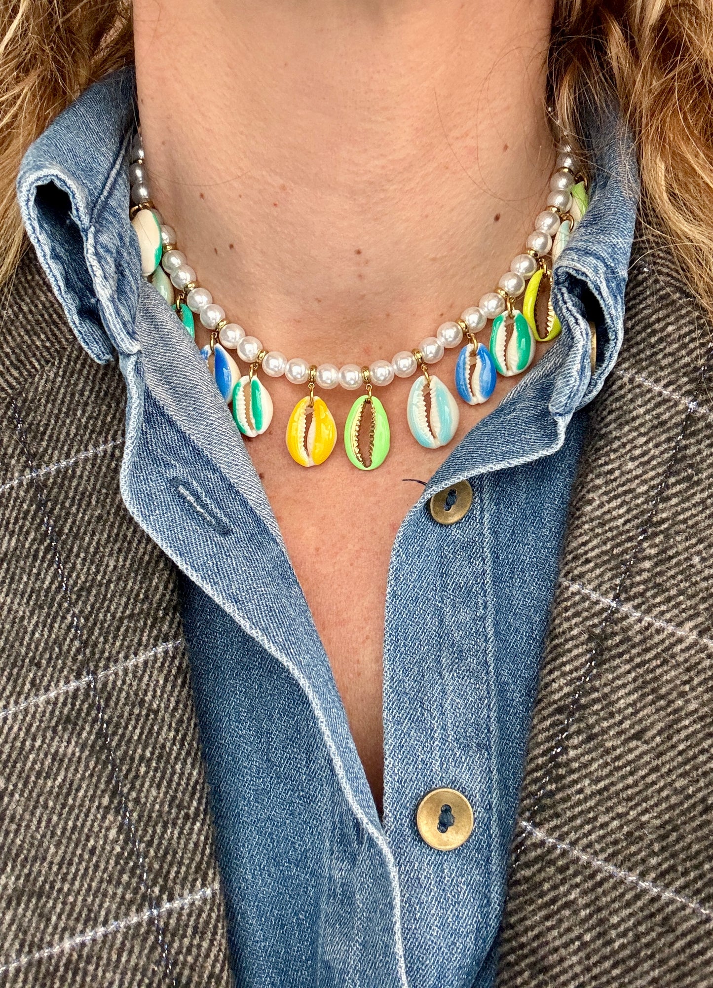 Collier Shell perles bleu et vert