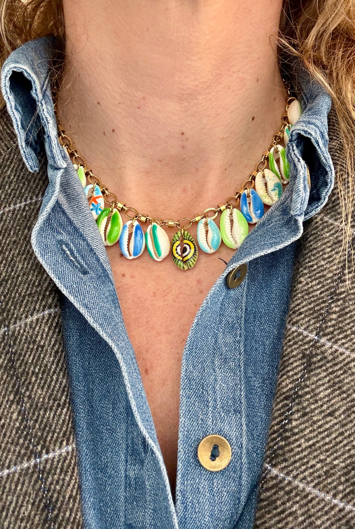 Collier Shell chaine bleu et vert