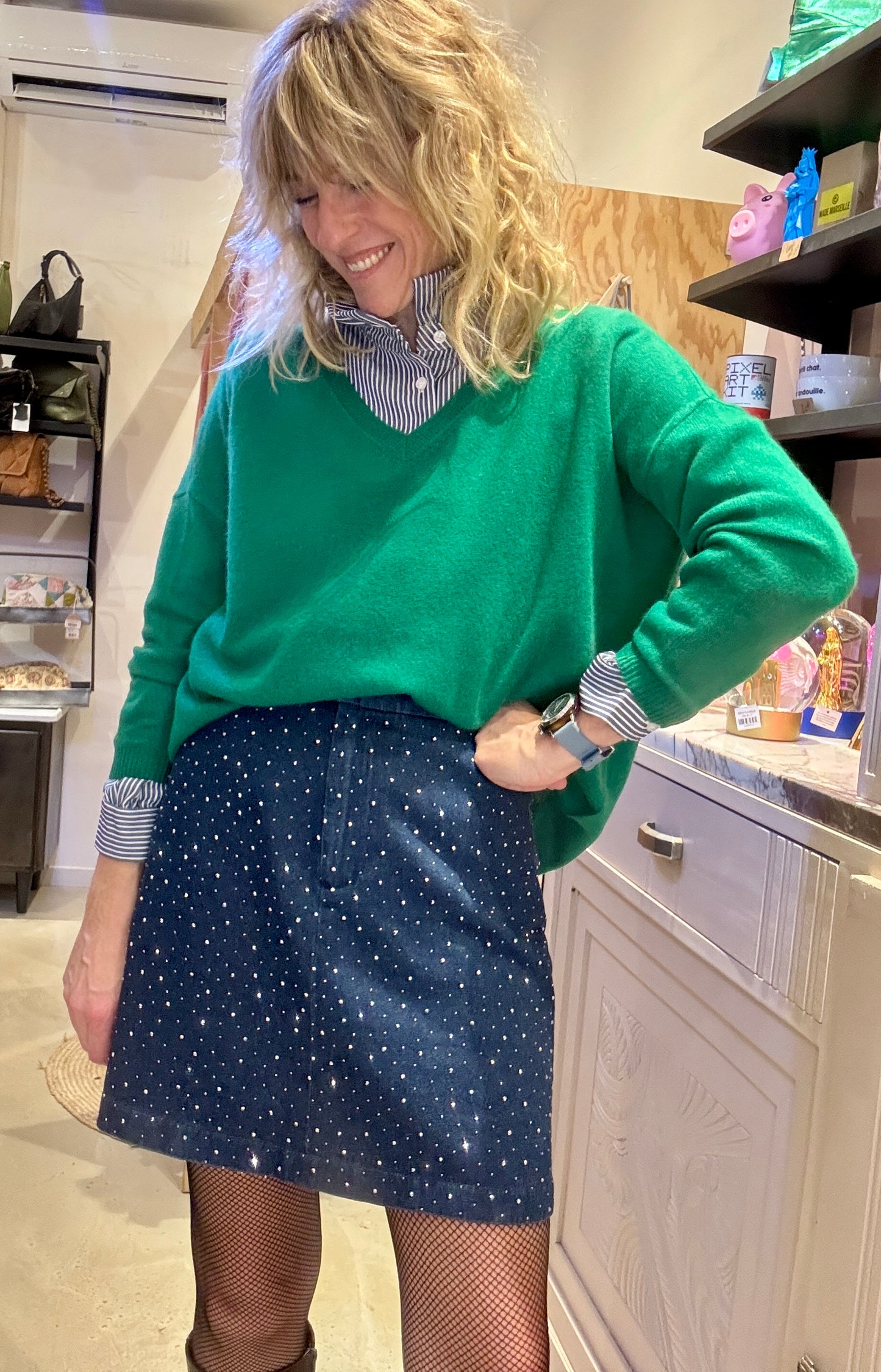 Pull Malène col V vert