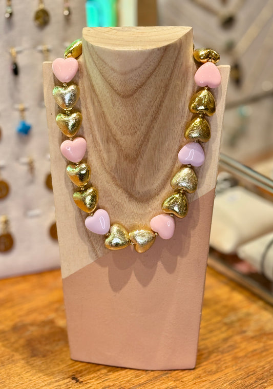 Collier Coeur émail rose