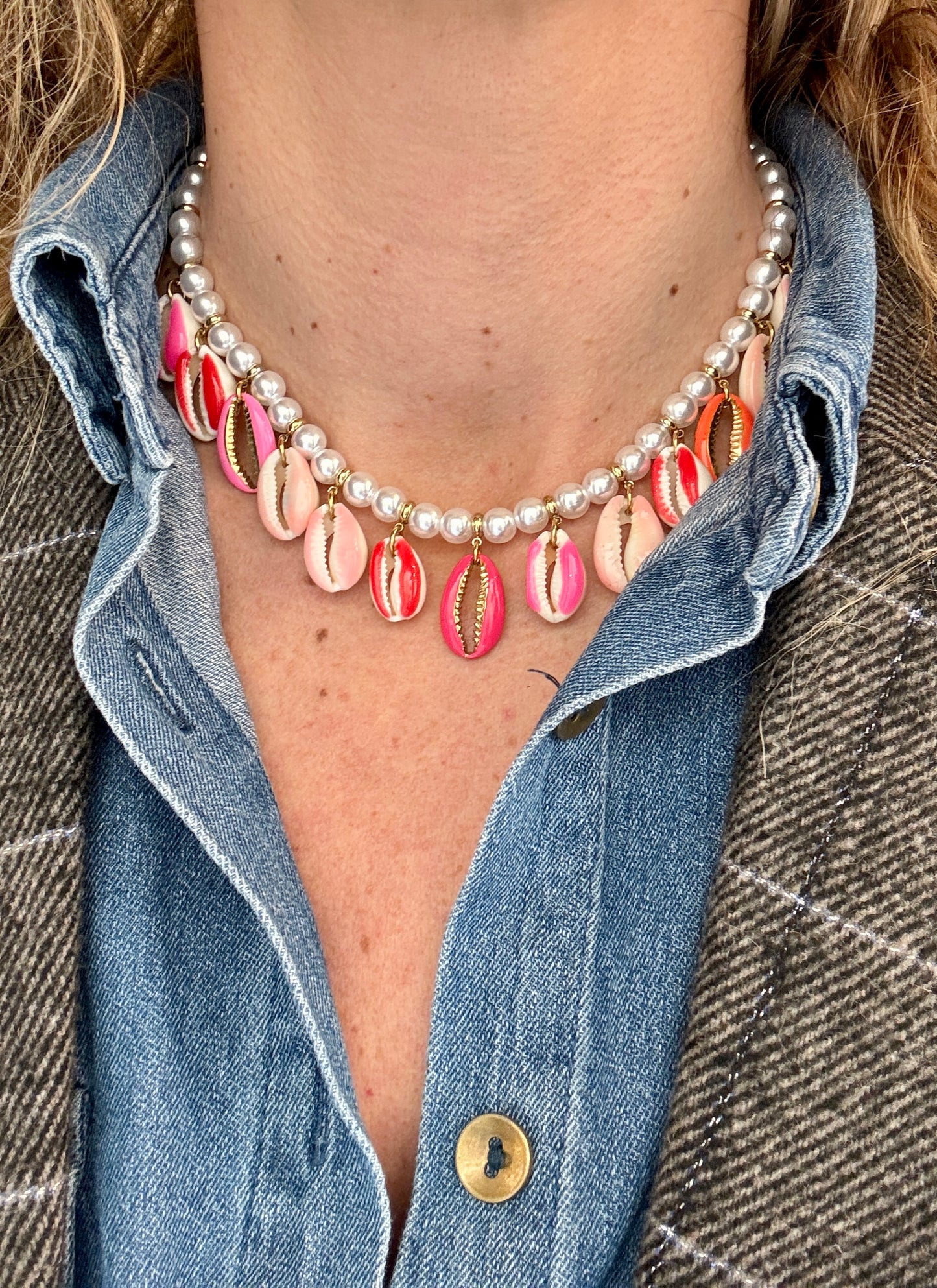 Collier Shell perles rose