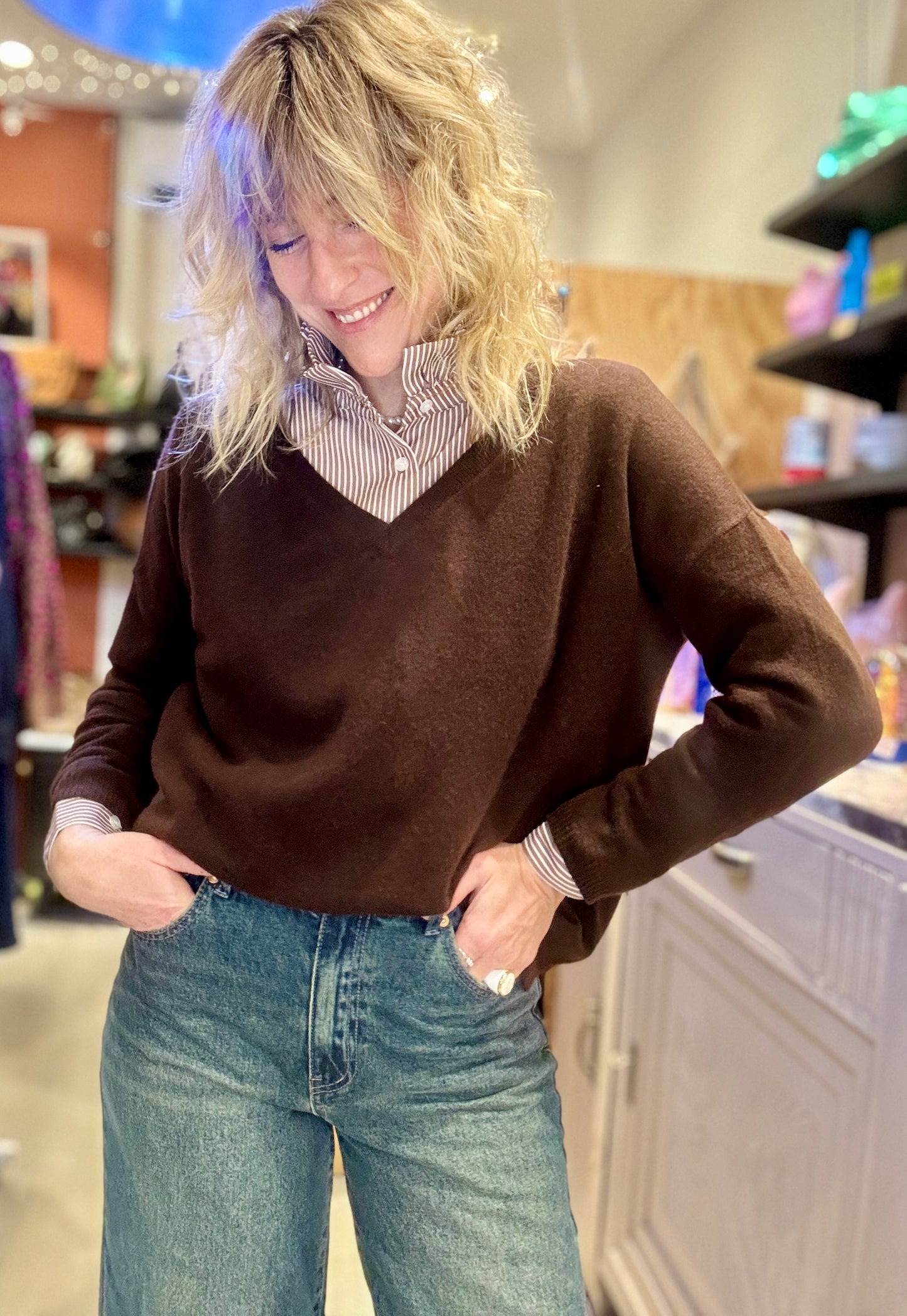 Pull Malène col V choco