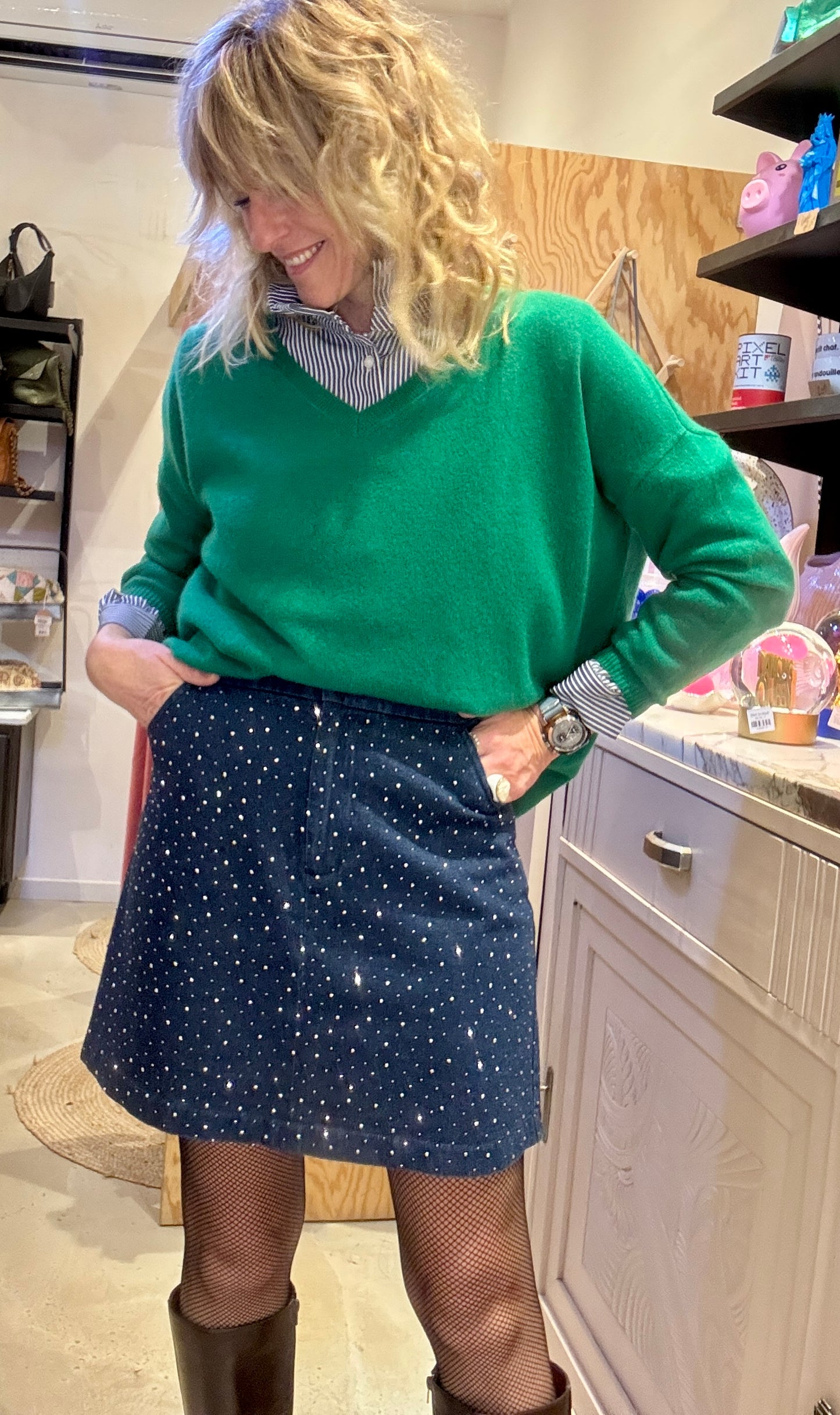 Pull Malène col V vert